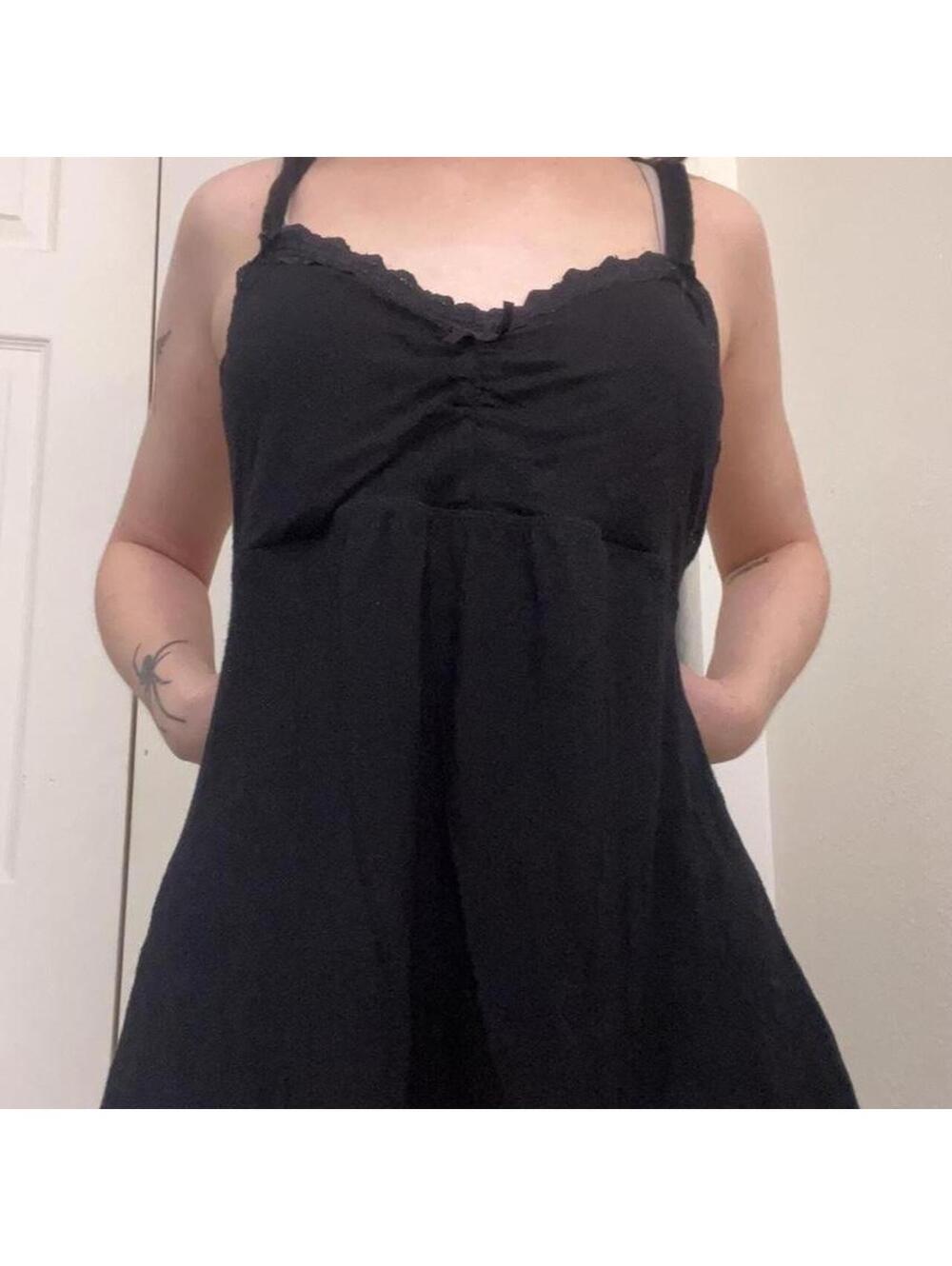 Black babydoll tank top lace trim & bow